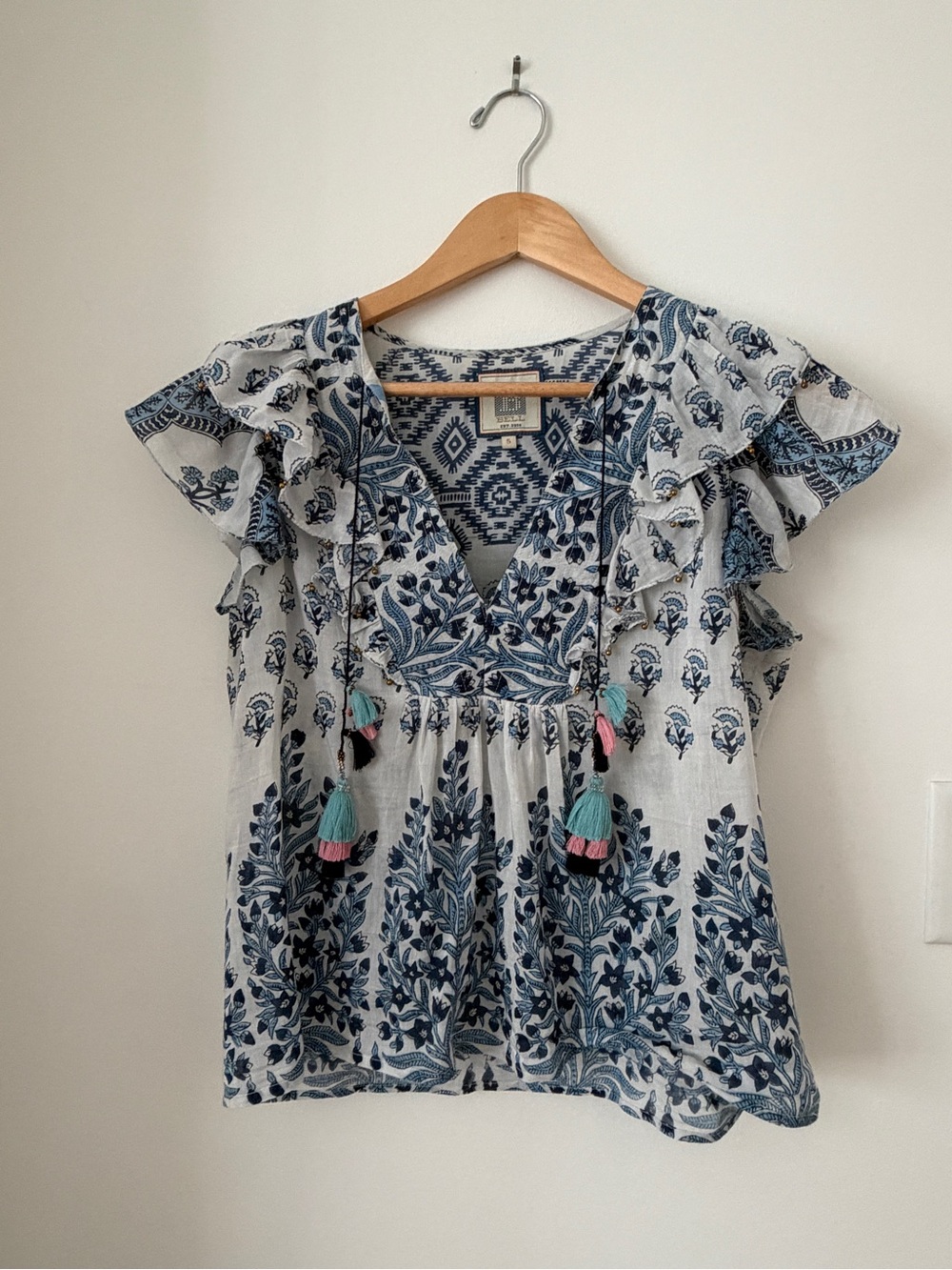 Bell Summer Top Blue Floral Ruffle  with Tassels